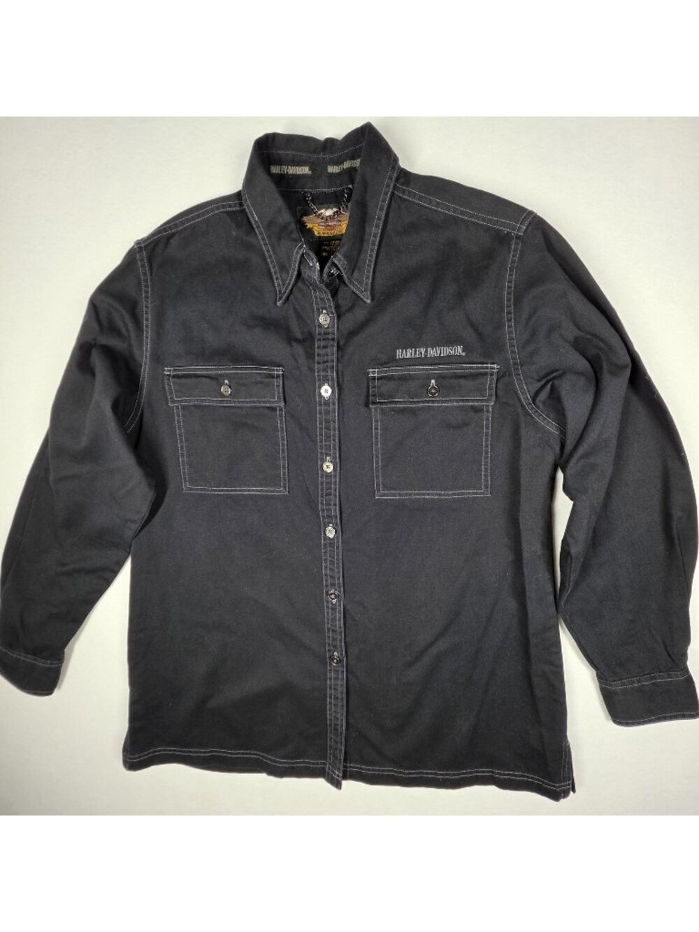 Harley Davidson Button Up Shirt Womens L Black Vintage Hong Kong Biker Cotton